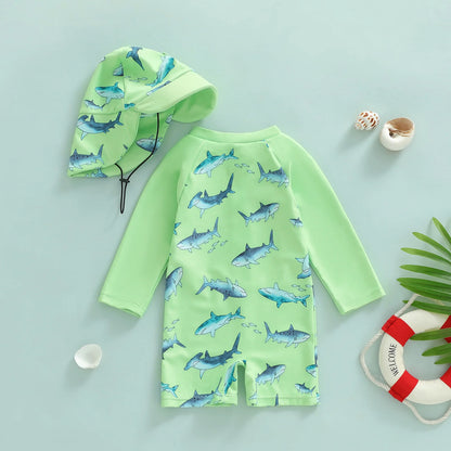 Citgeett Summer Toddler Boys Boys Rash Guard Swimsuit Print Zipper Long Sleeve Bathing Suit Swim Cap Romper Clothes