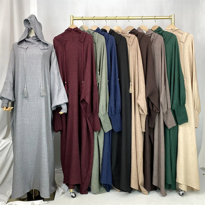 Hot Seller Ramadan Islamic Clothing Wrinkle Polyester Hoodie Abaya Dress With Undercap Muslim Women Abaya Hoodie Causal Dresses