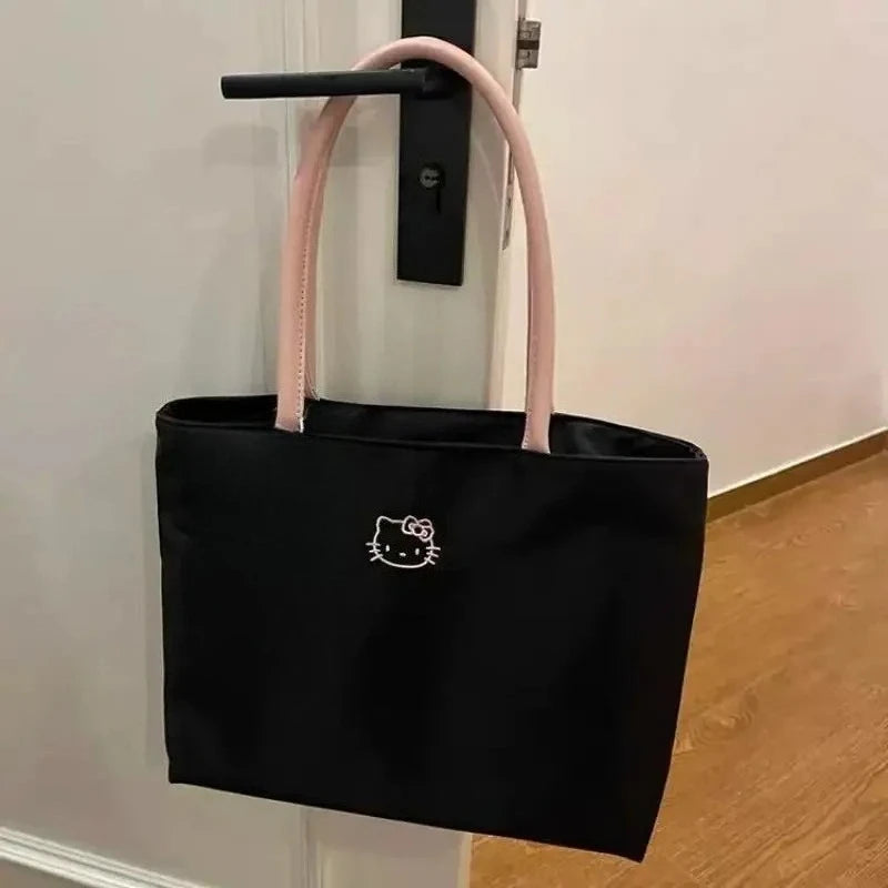 Fashionable womens HelloKitty black tote bag cute cartoon embroidery large capacity shopping bag fashionable womens shoulder bag