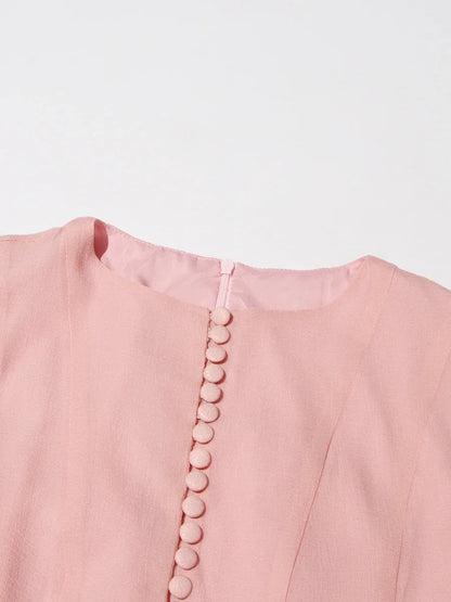 VGH Sweet Ruffles Elegant Knee Length Dresses for Women Round Neck Flare Sleeve High Waist Spliced Button  A Line Dress Female