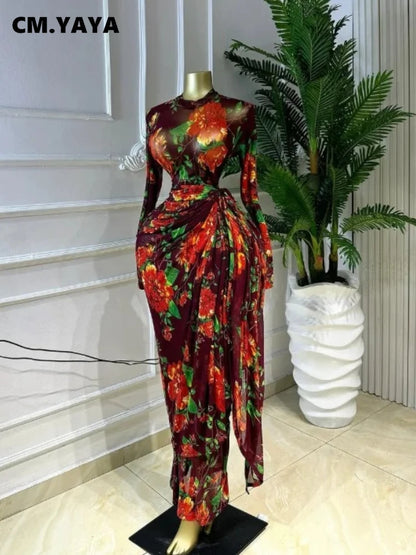 CM.YAYA Women Floral Print O-neck Ruched Bodycon Long Maxi Dress 2026 summer Evening Birthday Club Party Vestidos Sexy Dresses