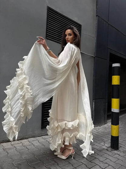 Elegant Ruffle V-neck Maxi Dress Women Chic Lapel Pleated Sleeveless High Waist Dresses Fashion 2025 Summer Lady Vacation Robes