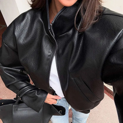 Women's 2025 Fall Winter Black PU Leather Jacket Oversized Commuter Style PU Leather Jacket for Women Office Wear Coat