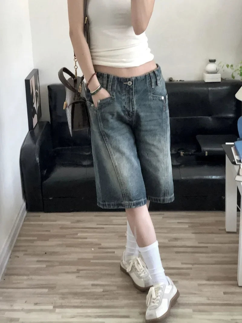 American Retro Blue Denim Shorts Women Korean Style High Waist Biker  Jeans Feminino 2026 Summer Chic Streetwear
