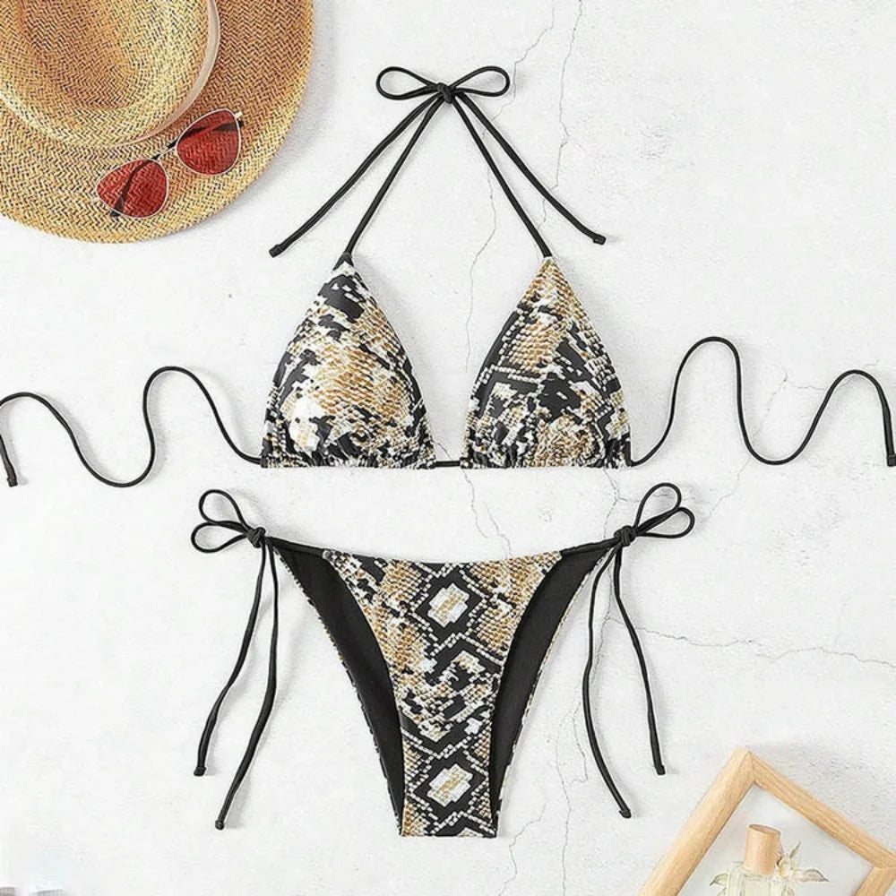 Sexy Leopard Print Two Piece Swimsuit Set Triangle Bra Suspender Halter Backless Bikini Set Beach Vacation Lace-up Swimwear 2025
