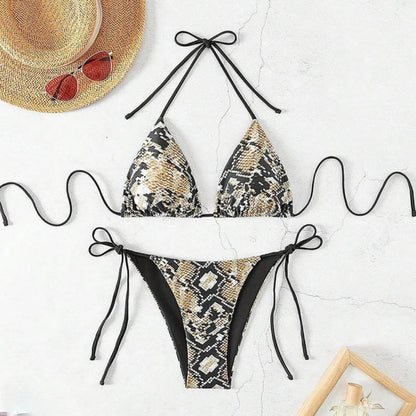 Sexy Leopard Print Two Piece Swimsuit Set Triangle Bra Suspender Halter Backless Bikini Set Beach Vacation Lace-up Swimwear 2025