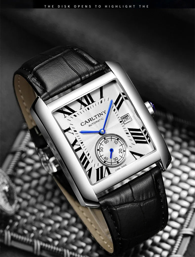Luxury Automatic Watch Men Mechanical Wristwatches Top Brand Dress Watches Square Stainless Steel Waterproof Clock CARLTINY 2023