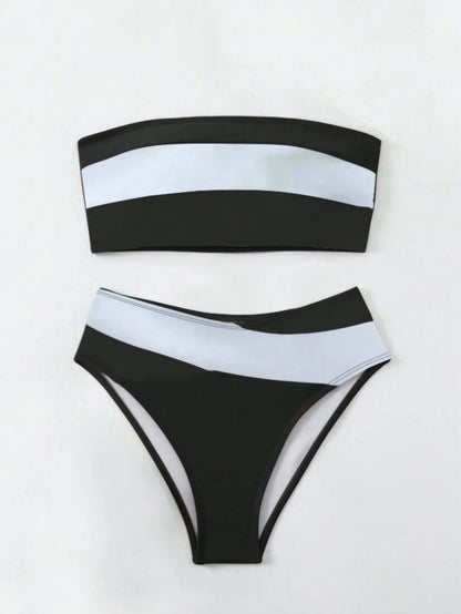 Sexy Bandeau Bikini 2026 Women Black Patchwork Striped Push Up High Waist Swimsuit Summer Bathing Suit 2 Piece Swimwear Biquini