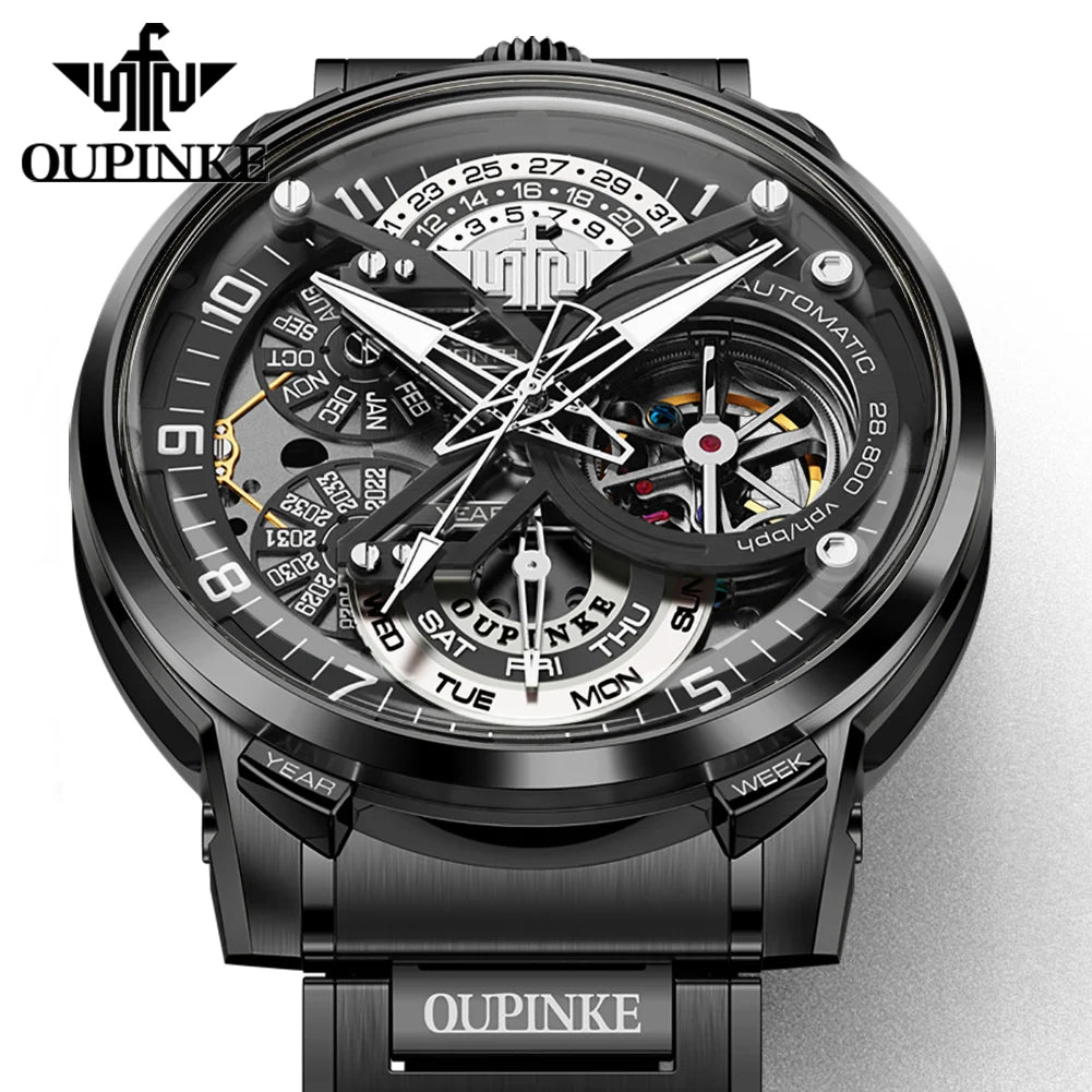 OUPINKE Black Steel Tourbillon Mens Wrist Watches Skeleton Automatic Mechanical Watch Fashion Wrist Watch Mens Sapphire