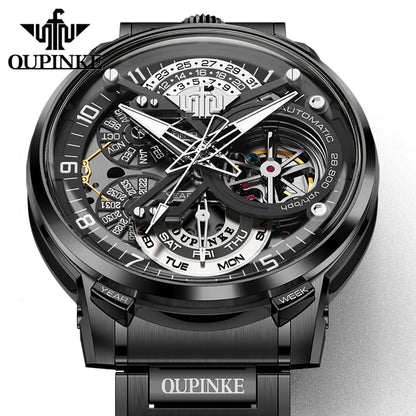 OUPINKE Black Steel Tourbillon Mens Wrist Watches Skeleton Automatic Mechanical Watch Fashion Wrist Watch Mens Sapphire