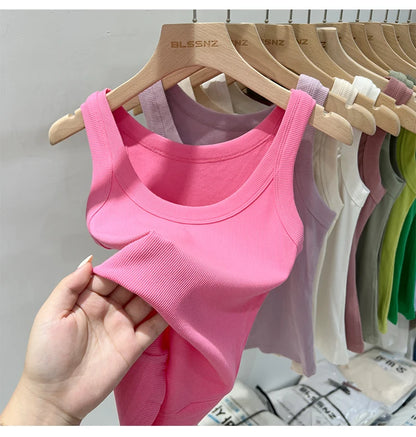 zjaiss Women Solid Round Neck Ribbed Tank Top Camisole Women 2026 Summer Basic Elastic Tank Top O Neck Solid Tank Top