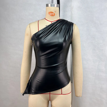 Solid color leather sleeveless irregular single shoulder sloping collar sexy slim zipper T-shirt