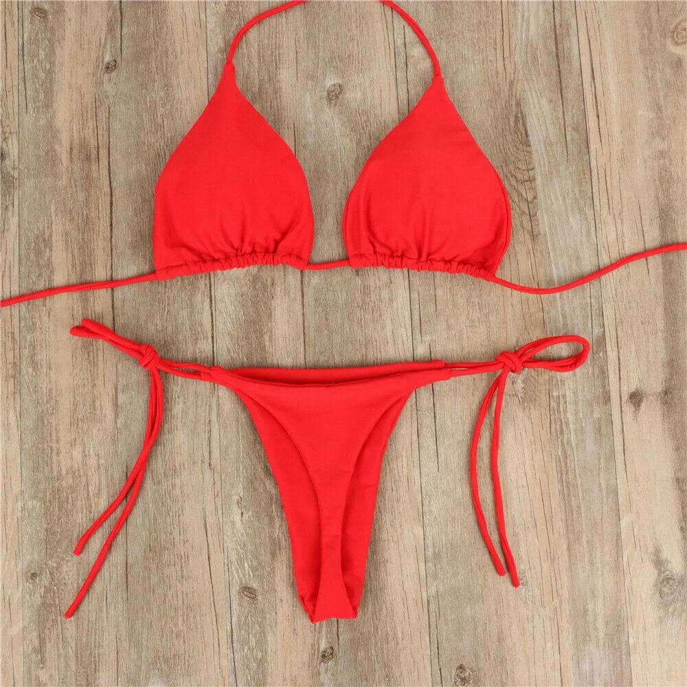 Women Thong Bikini Set Side Tie Sexy Swimsuit Bandage Style Brazilian Split Swimwear Female Bathing Suits 2024