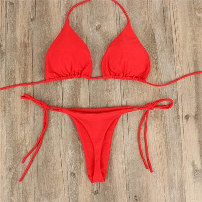 Women Thong Bikini Set Side Tie Sexy Swimsuit Bandage Style Brazilian Split Swimwear Female Bathing Suits 2024