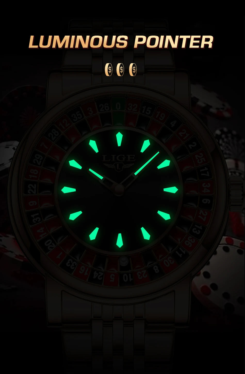 LIGE Quartz Man Watch Fashion Luxury Creative Roulette Game Dial Design Leather Casual Life Waterproof Watches for Men Gifts+Box