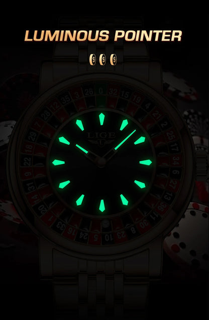 LIGE Quartz Man Watch Fashion Luxury Creative Roulette Game Dial Design Leather Casual Life Waterproof Watches for Men Gifts+Box