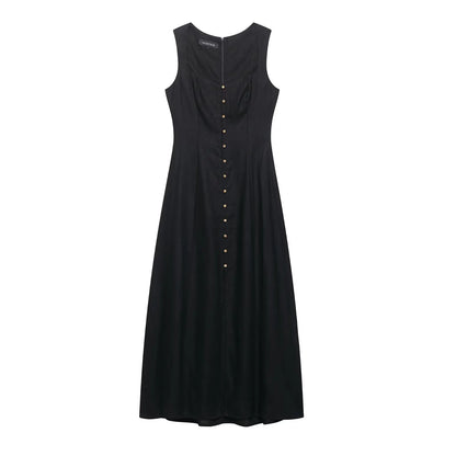 2025 Summer Elegant Dress Women Fashion Solid Square Collar Sleeveless Single Breasted Dress Ladies Vacation Green Spilt Dresses
