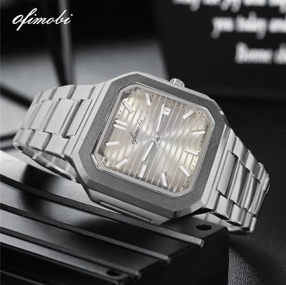 Classic Men Business Watches Fashion Square Dial Stainless Steel Strap Quartz Watch with Calendar For Luxury Mens Clock