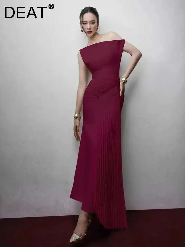 DEAT 2026 Spring Elegant Dress Skew Collar Pleated Design Sleeveless Patchwork High Waist Women's Evening Dresses New 35Z1402