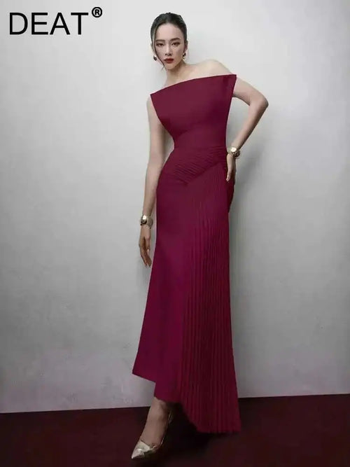 DEAT 2026 Spring Elegant Dress Skew Collar Pleated Design Sleeveless Patchwork High Waist Women's Evening Dresses New 35Z1402