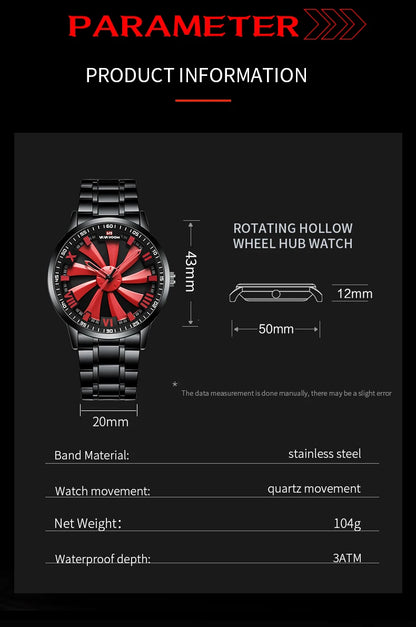Sports Men Watch 43mm Red Rotating Dial Black Stainless Steel With Quartz Clock Simulation Car Hub 3Bar Daily Waterproof Watches