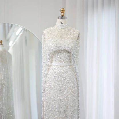 Sharon Said Luxury Pearls Dubai Champagne Evening Dresses with Cape New Arabic Women Mermaid Wedding Party Prom Dress SS369