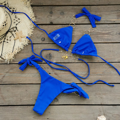 Brazilian Bikini Swimsuit for Women, Ring Linked Halter, Swimwear, Beachwear, 2025