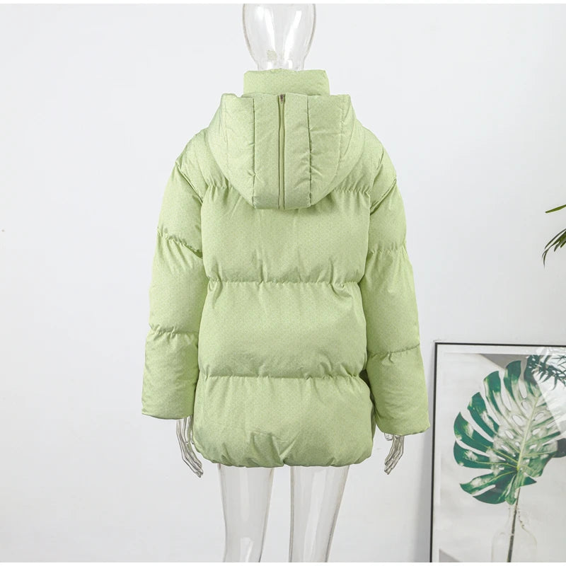 Printed Hooded Puffy Cotton Jacket Women Stand Collar Long Sleeve Zipper Loose Padded Coats 2025 Winter Lady Warm Outwear Street
