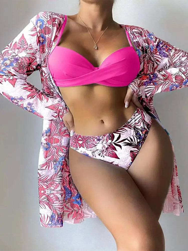 Three Pieces Bikini Set Beach Skirt Tunics For Beach Cover Up Swimsuit Women Ruffle Biquini Bathing Suit Summer Beach Wear