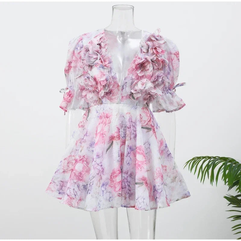 Trendy Floral Print Flare Sleeve V Neck Mini Dress Elegant High Waist Pleated Woman Vestidos 2025 New Autumn Evening Party Gown