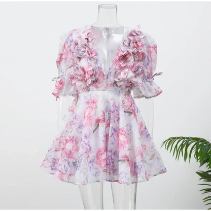Trendy Floral Print Flare Sleeve V Neck Mini Dress Elegant High Waist Pleated Woman Vestidos 2025 New Autumn Evening Party Gown
