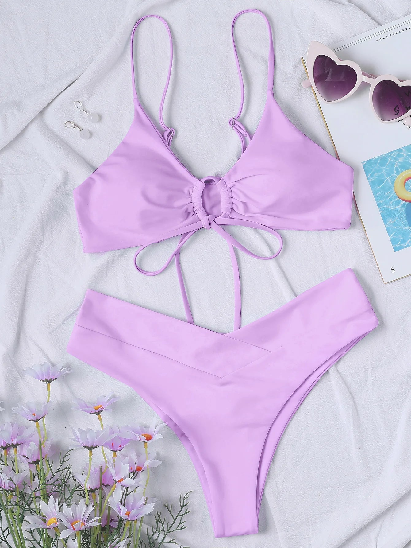 New High Elastic Bikini Set for 2025 Summer Two Pieces Solid Color Lace-up Sexy Women Swimsuit Beach Bathing Suit Swimwear