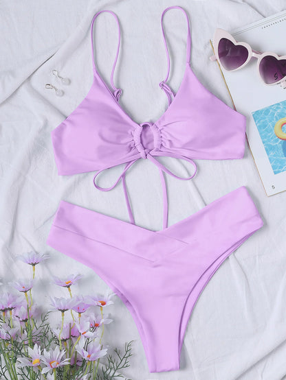 New High Elastic Bikini Set for 2025 Summer Two Pieces Solid Color Lace-up Sexy Women Swimsuit Beach Bathing Suit Swimwear
