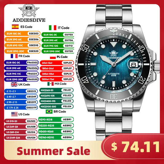ADDIESDIVE Automatic Watch for Men Sapphire AR Coated 20Bar Supper Luminous Wristwatch Sports Mechanical Watches New AD2536