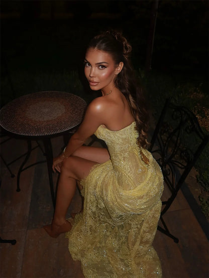 Cathy Customized Yellow Mermaid Lace Embroidery Prom Dresses Sequins Sleeveless vestidos de noiva Side High Split Formal Evening