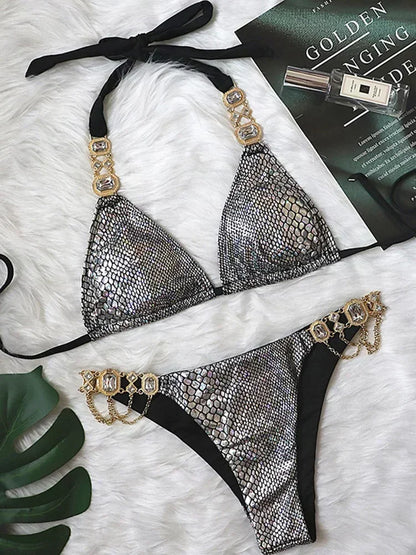 2026 Shiny Rhinestone Diamond Bikini Women Swimsuit Female Swimwear Two Pieces Bikini Set Halter Metal Chains Bathing Suit Swim