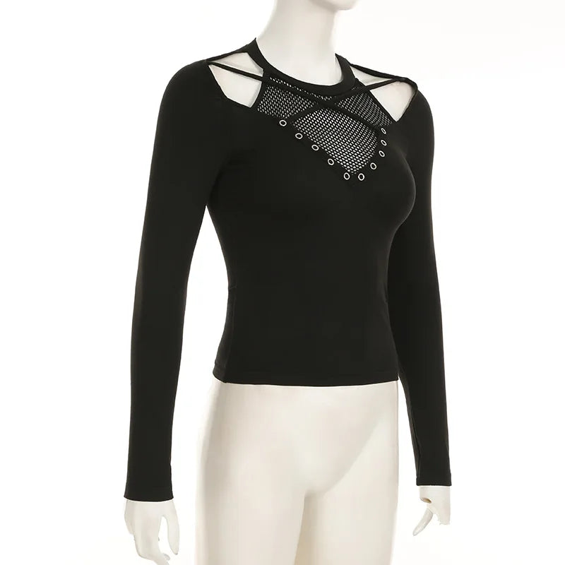Goth Dark Solid Techwear Chic Irregular Grid Hollow Out T-shirt Mall Goth See Through Slim Tops Women Y2K Streetwear T-shirts
