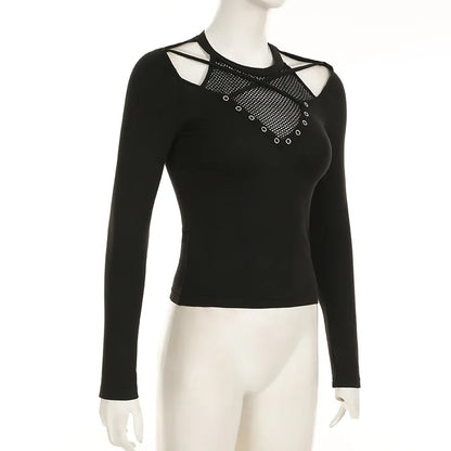 Goth Dark Solid Techwear Chic Irregular Grid Hollow Out T-shirt Mall Goth See Through Slim Tops Women Y2K Streetwear T-shirts