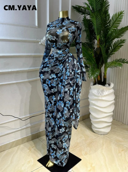 CM.YAYA Women Floral Print O-neck Ruched Bodycon Long Maxi Dress 2026 summer Evening Birthday Club Party Vestidos Sexy Dresses