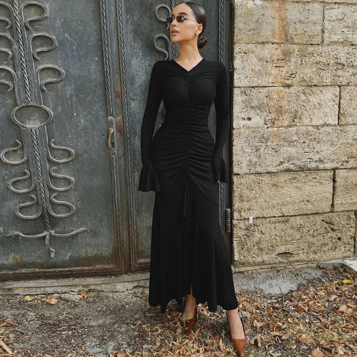 Women Elegant Ruffle Hem White Long Dress Fashion Shirring V-neck Flare Long Sleeve Dresses 2024 New Evening Party Robes Vestido