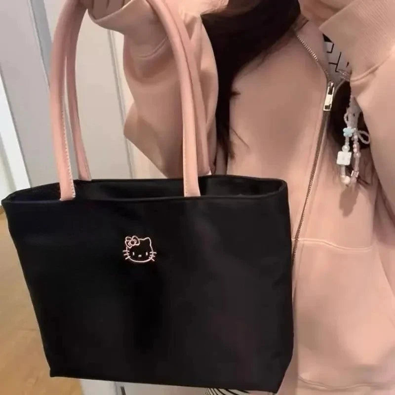 Fashionable womens HelloKitty black tote bag cute cartoon embroidery large capacity shopping bag fashionable womens shoulder bag