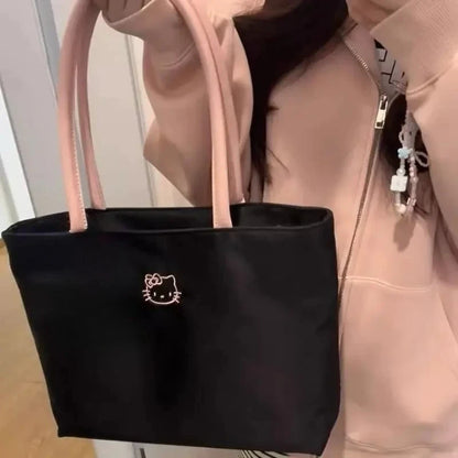 Fashionable womens HelloKitty black tote bag cute cartoon embroidery large capacity shopping bag fashionable womens shoulder bag