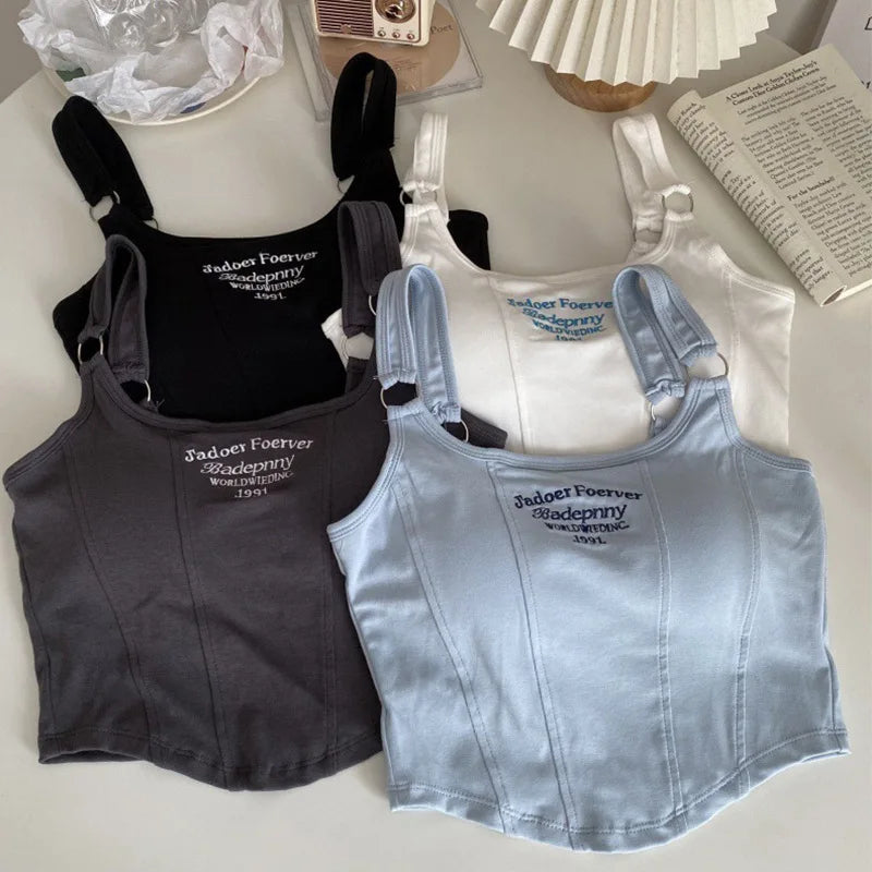 Fashion Embroid Letter Print Crop Tops Women Summer Sexy Streetwear Short Tops Suspenders Sports Tank Top Gym Solid Slim Vest