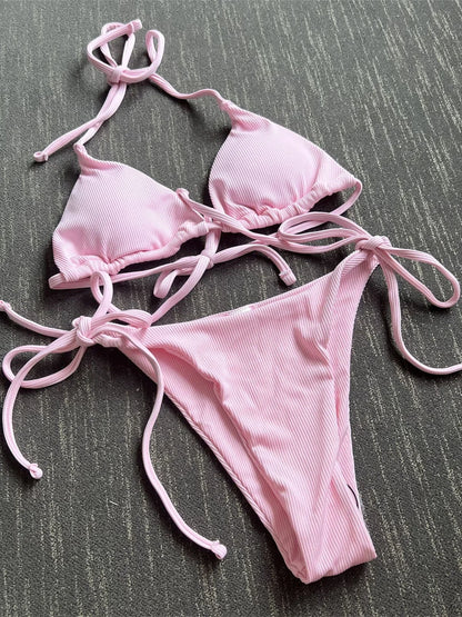 Sexy Brown Bikini 2026 Women Solid Red Halter Push Up Bra Tie Side Triangle Swimsuit Summer Bathing Suit Lace Up Micro Swimwear