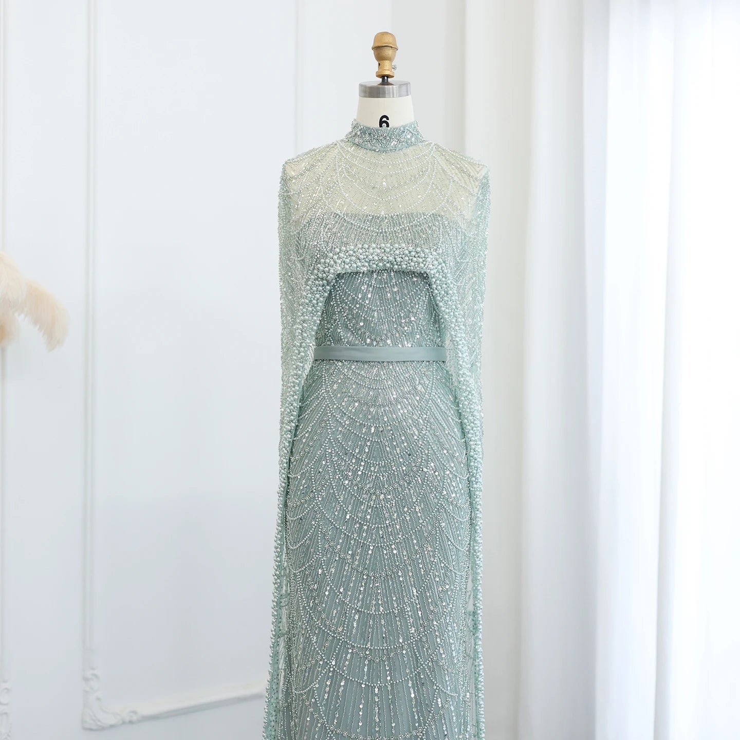 Sharon Said Luxury Pearls Dubai Champagne Evening Dresses with Cape New Arabic Women Mermaid Wedding Party Prom Dress SS369