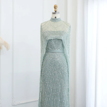 Sharon Said Luxury Pearls Dubai Champagne Evening Dresses with Cape New Arabic Women Mermaid Wedding Party Prom Dress SS369
