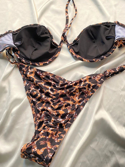 Bordered Bikini Sets for Women Off Shoulder Swimwear Sexy Bikinis Patchwork Swimsuit Bathing Suit Leopard Print Beachwear