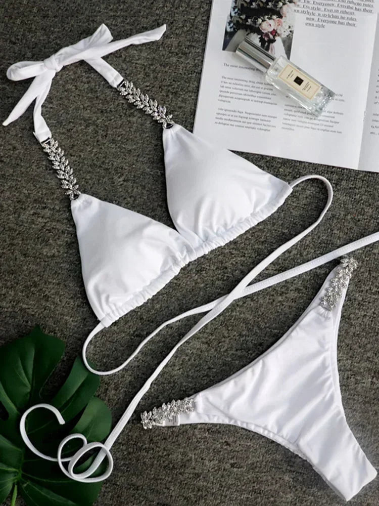 2026 Shiny Rhinestone Diamond Bikini Women Swimsuit Female Swimwear Two Pieces Bikini Set Halter Metal Chains Bathing Suit Swim