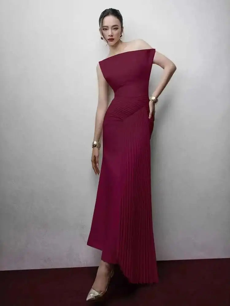 DEAT 2026 Spring Elegant Dress Skew Collar Pleated Design Sleeveless Patchwork High Waist Women's Evening Dresses New 35Z1402