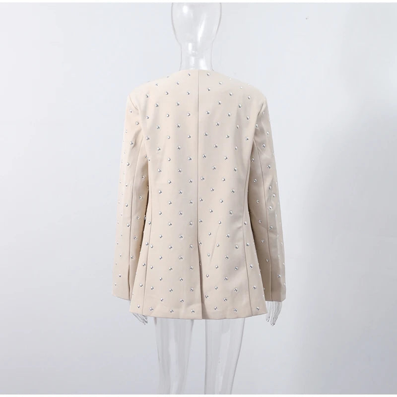 Rivet Fashion V-neck Balzer Coat Women Shoulder Pads Loose Fake Pocket Long Sleeve Jacket 2025 Spring Street Party Commute Tops